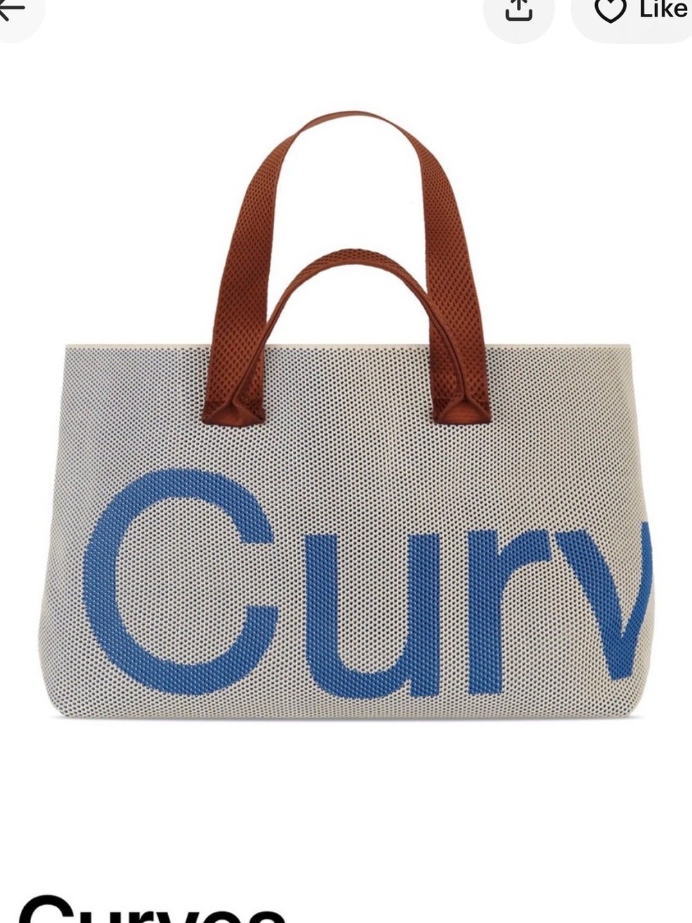 Curves Perforated Knit Tote - my Cream & Blue with Brown Handles